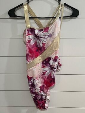 Justice Pink Floral Dance Leotard with Gold Accents